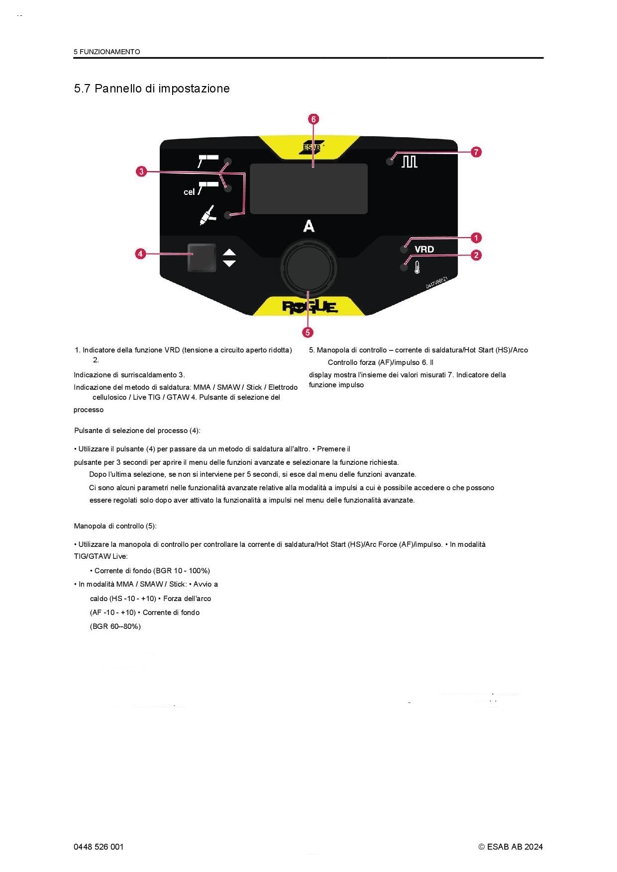 Esab Rogue ES 201iP PRO , SMAW/MMA (elettrodo) , GTAW (TIG) , GTAW-P (TIG pulsato) ,120 - 220v