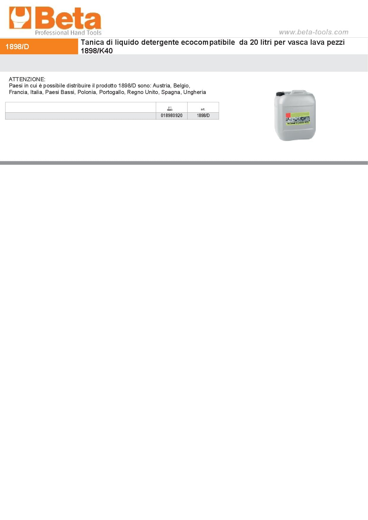 Beta 1898/D Tanica di liquido detergente ecocompatibile da 20 litri per 1898/K40