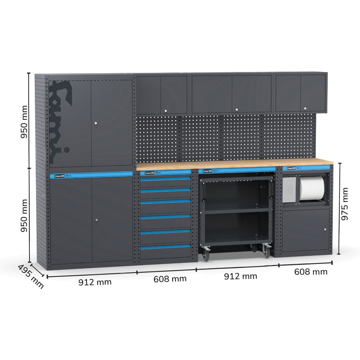 Fami Garage 391 G15 - Arredamento per officina 3 metri con piano in legno