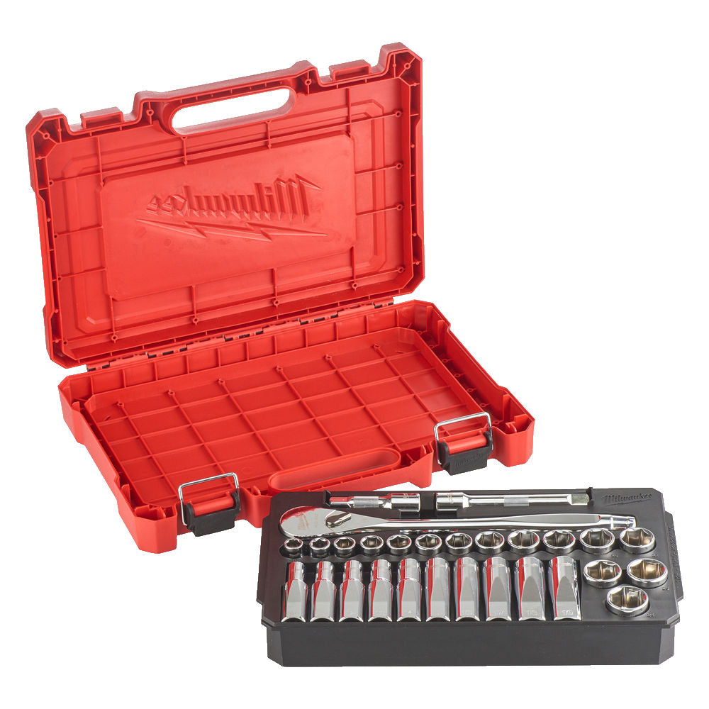 Milwaukee 4932471864 - Set metrico di chiavi a cricchetto e bussole da 1/2, 28 pezzi