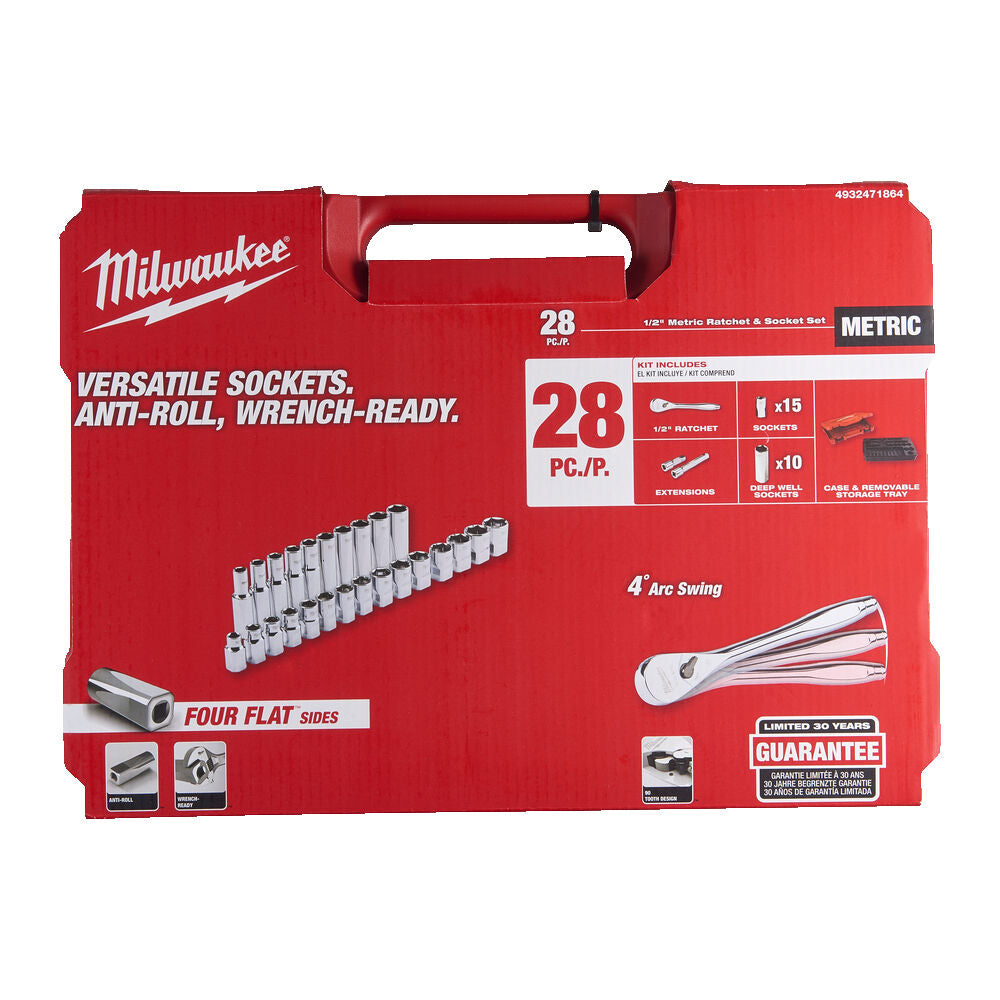 Milwaukee 4932471864 - Set metrico di chiavi a cricchetto e bussole da 1/2, 28 pezzi