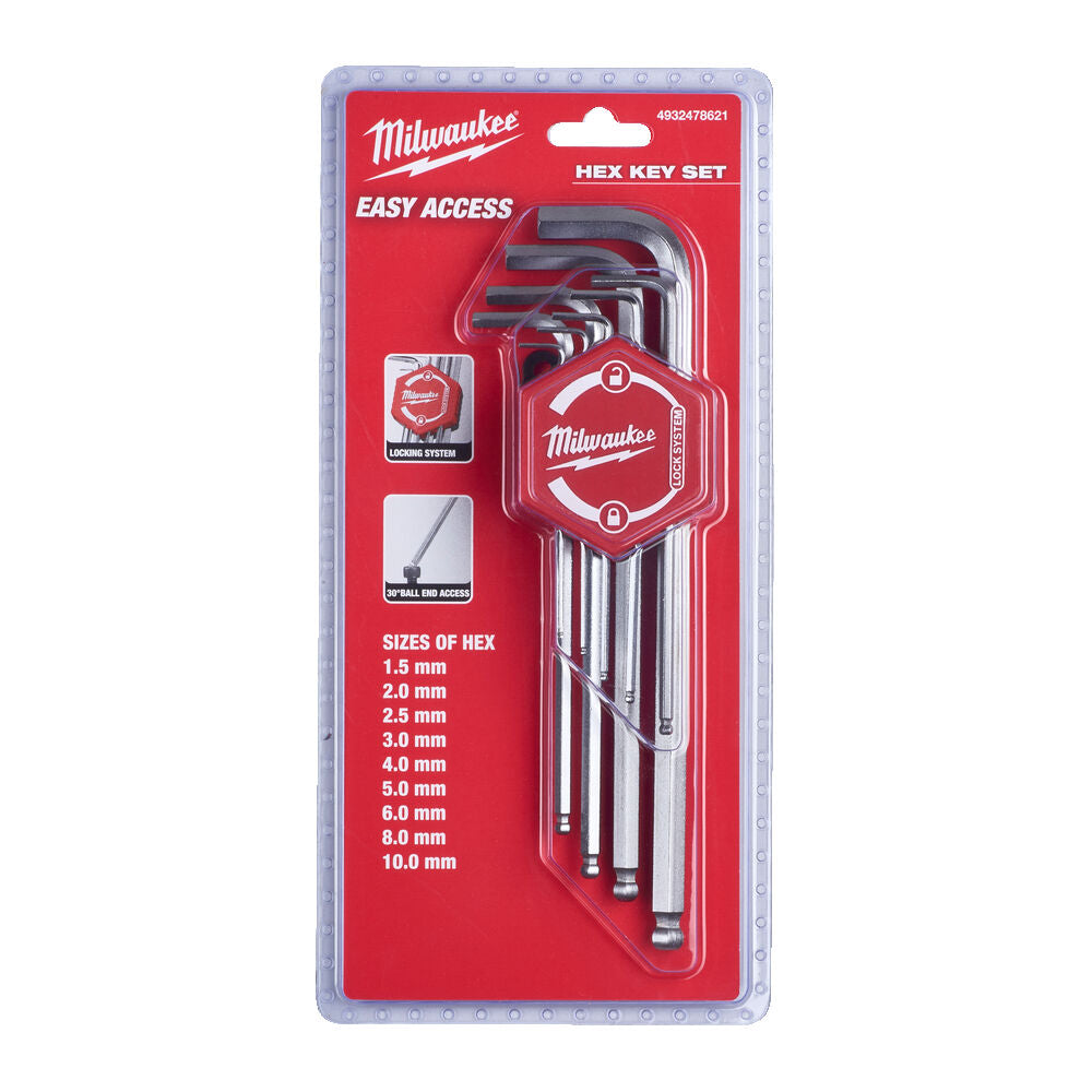 Milwaukee 4932478621 - Chiavi a brugola esagonali 9 pezzi con sistema di bloccaggio - 1,5 - 10 mm