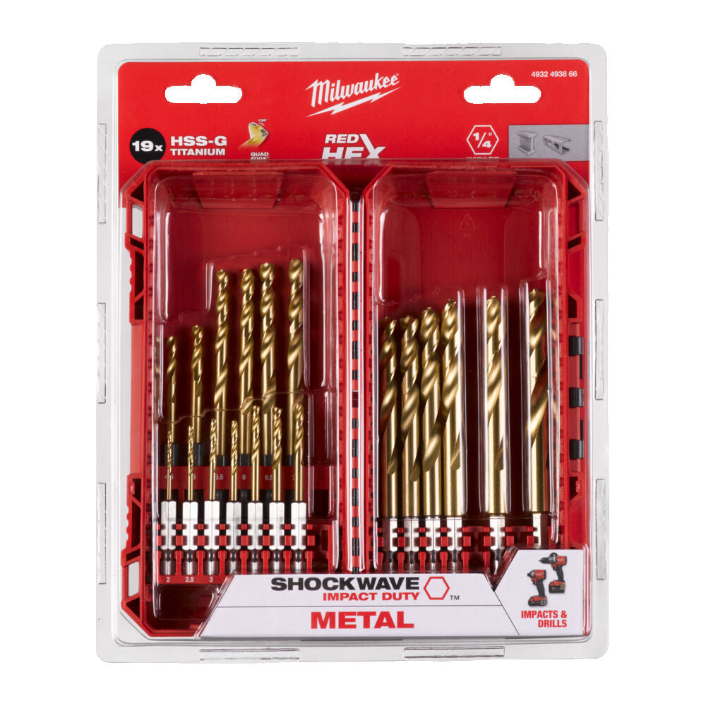 Milwaukee 4932493866 - Set punte per trapano HSS-G TITANIO SHOCKWAVE - Attacco 1/4 - 19 PEZZI