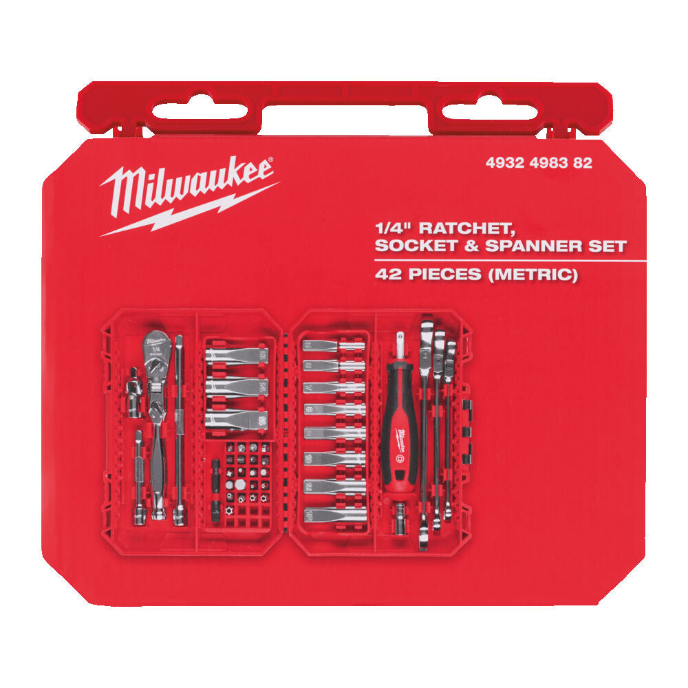 Milwaukee 4932498382 - Cassetta attrezzi con set di inserti, bussole e cricchetto - 42 pezzi 