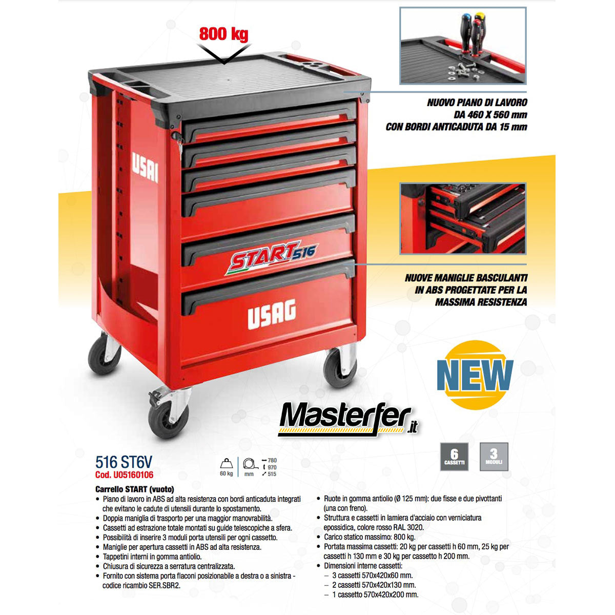 Usag 516 ST6V - Carrello portautensili per attrezzi 6 cassetti vuoto