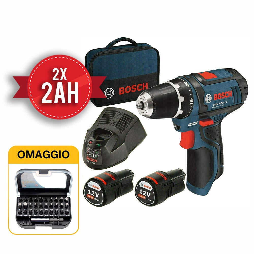 GSR 12V-15 Bosch Trapano avvitatore a batteria 12V + Borsa e omaggio