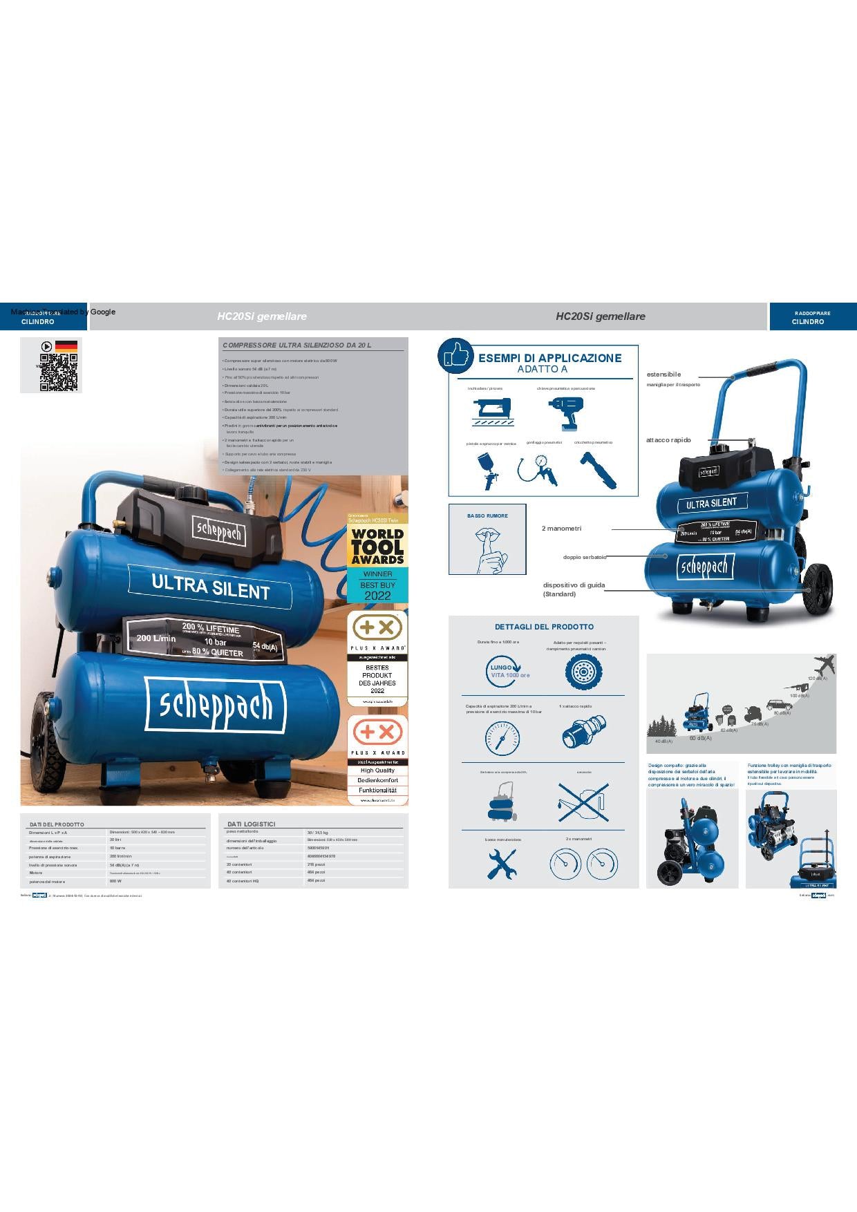 Scheppach HC20SI-TWIN - Compressore aria super silenziato 20 lt 10 bar 