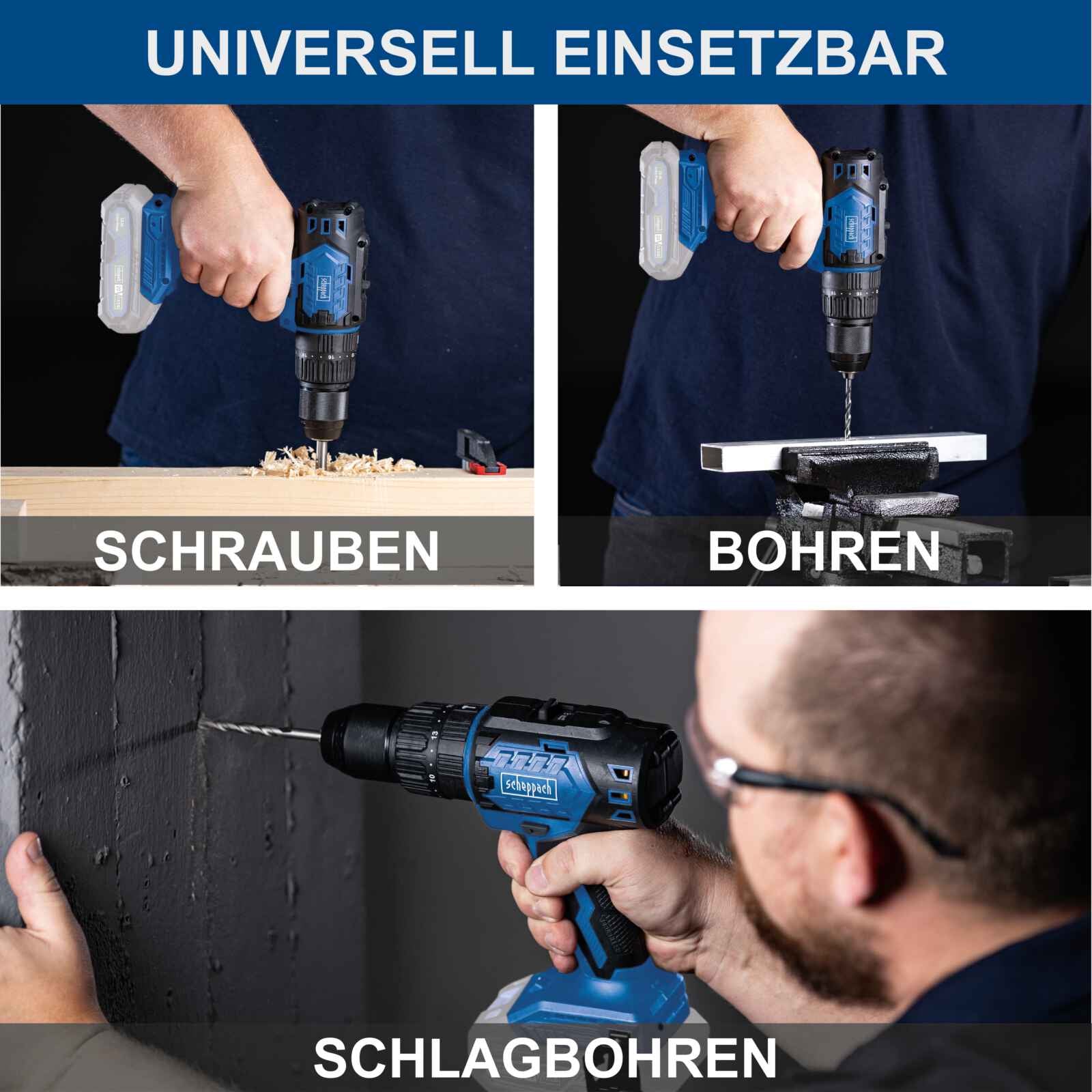 Scheppach set 3 elettroutensili a batteria 20V ixes - Tassellatore, Smerigliatrice, Trapano - 3 batterie 