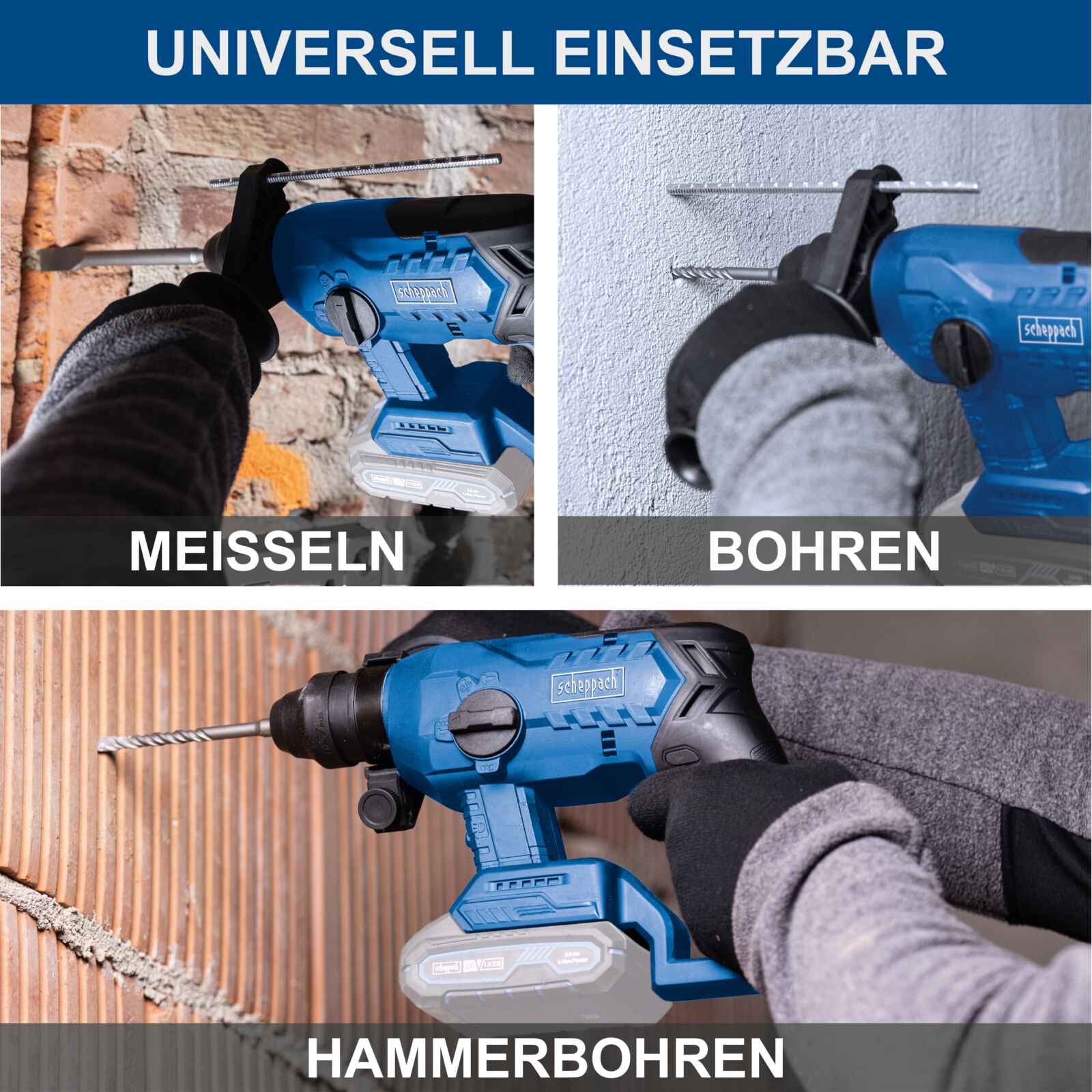 Scheppach set 3 elettroutensili a batteria 20V ixes - Tassellatore, Smerigliatrice, Trapano - 3 batterie 