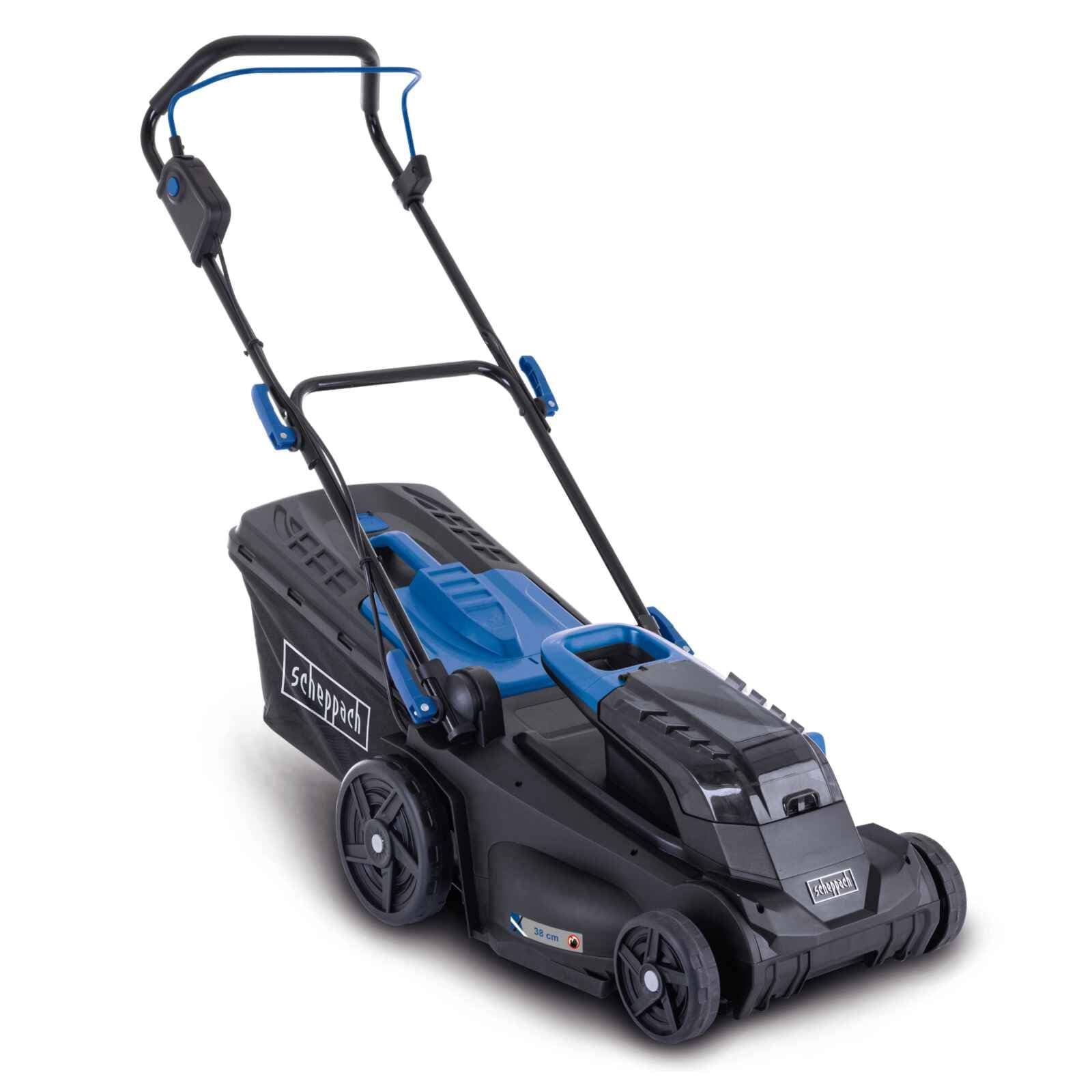 Scheppach BC-MP380-X - Rasaerba a batteria, taglio 38cm - 2 batterie 4.0Ah + doppio caricabatterie 