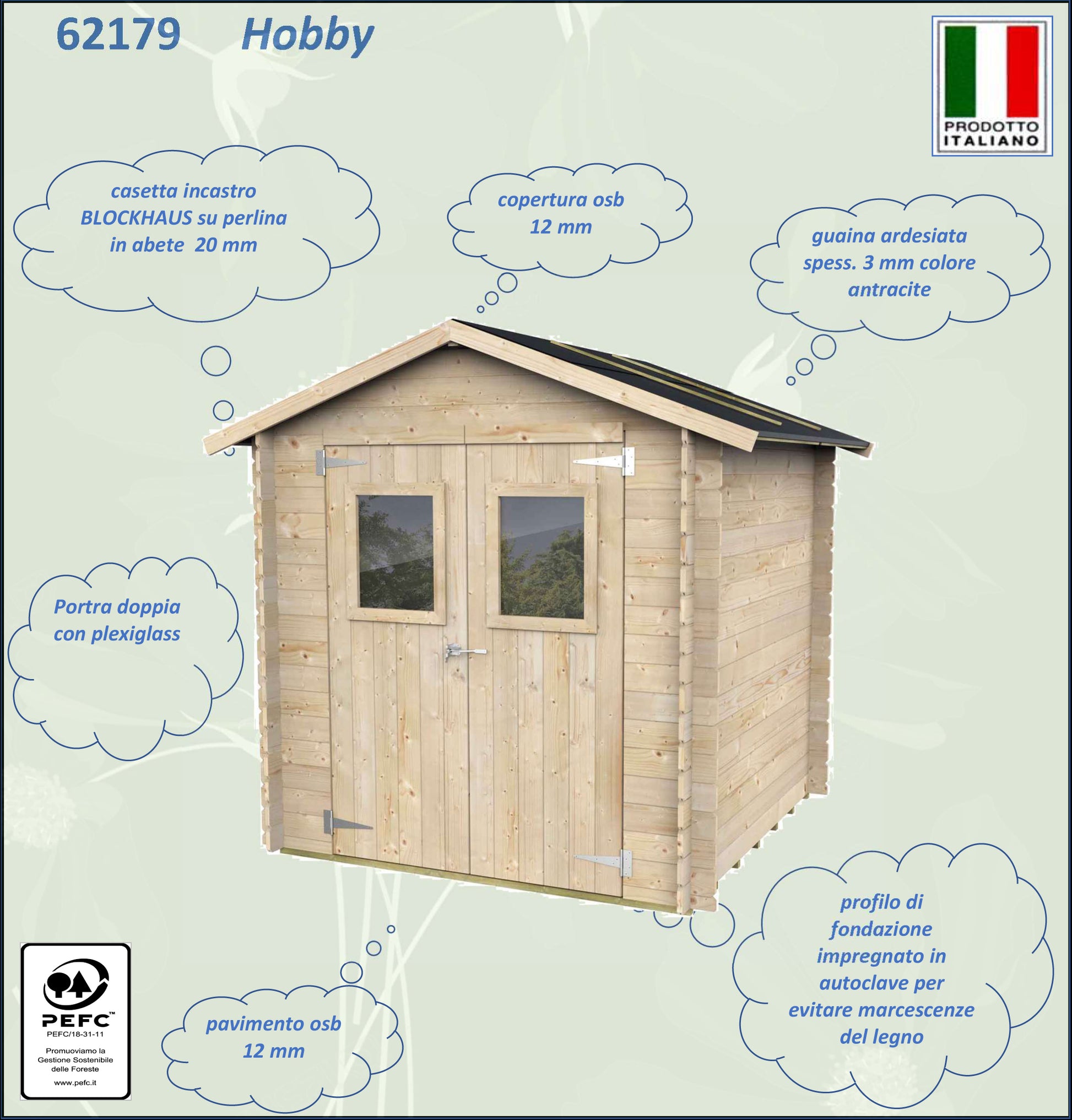 ALCE HOBBY - CASETTA IN LEGNO PORTA DOPPIA FINESTRATA 2 x 2 x 2 M