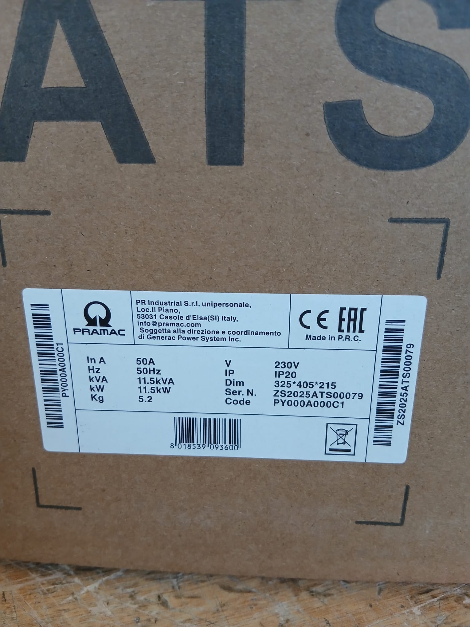 Pramac PY000A000C1 quadro di scambio automatico ATS per modello PMi4500