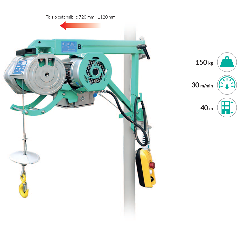 Imer ET 150 NEO Elevatore ad alta velocità, con telaio estensibile. Portata 150 kg , altezza 40 metri , 220V
