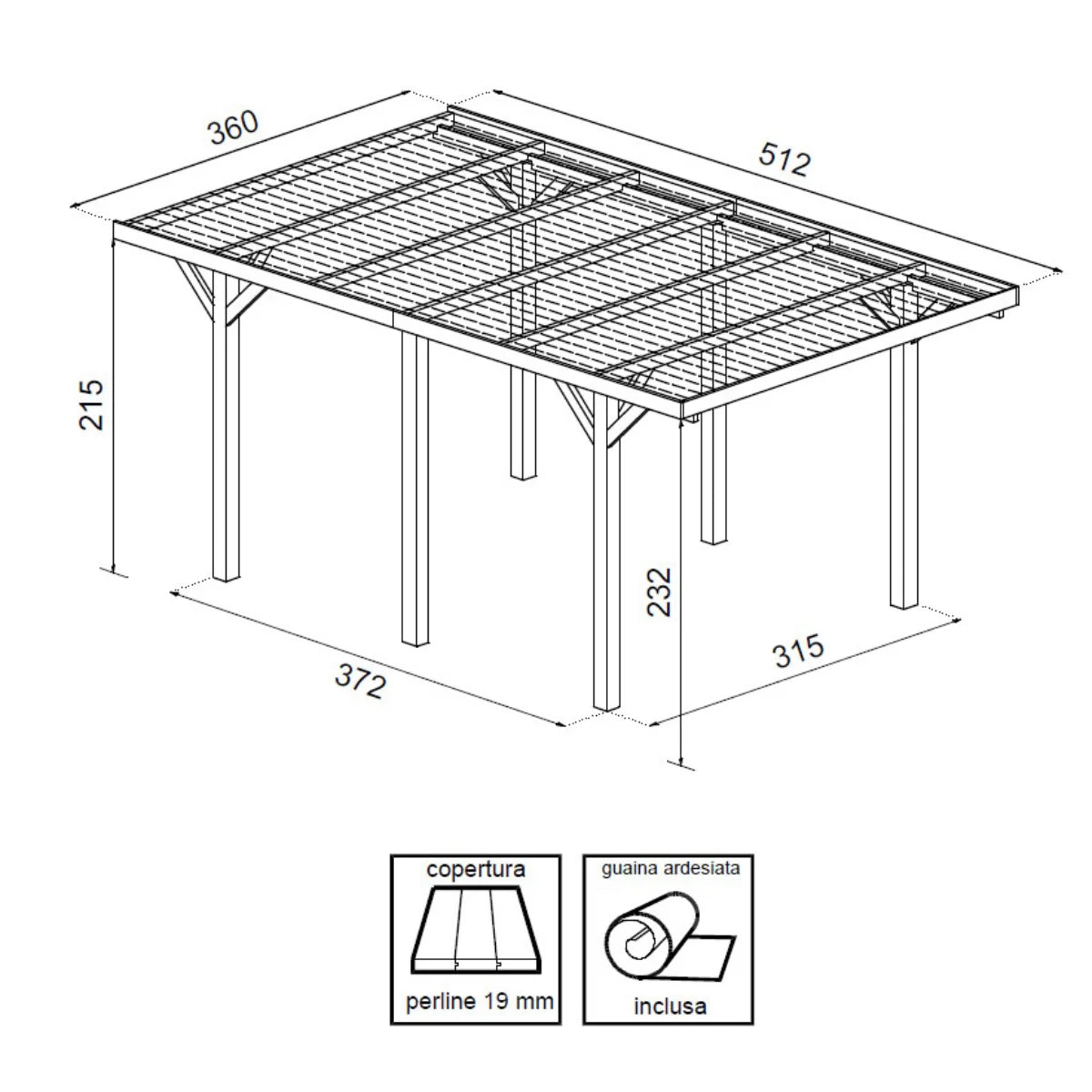 Losa Legnami Carport SINGOLO - Ripara Auto in legno con copertura 360x512 cm