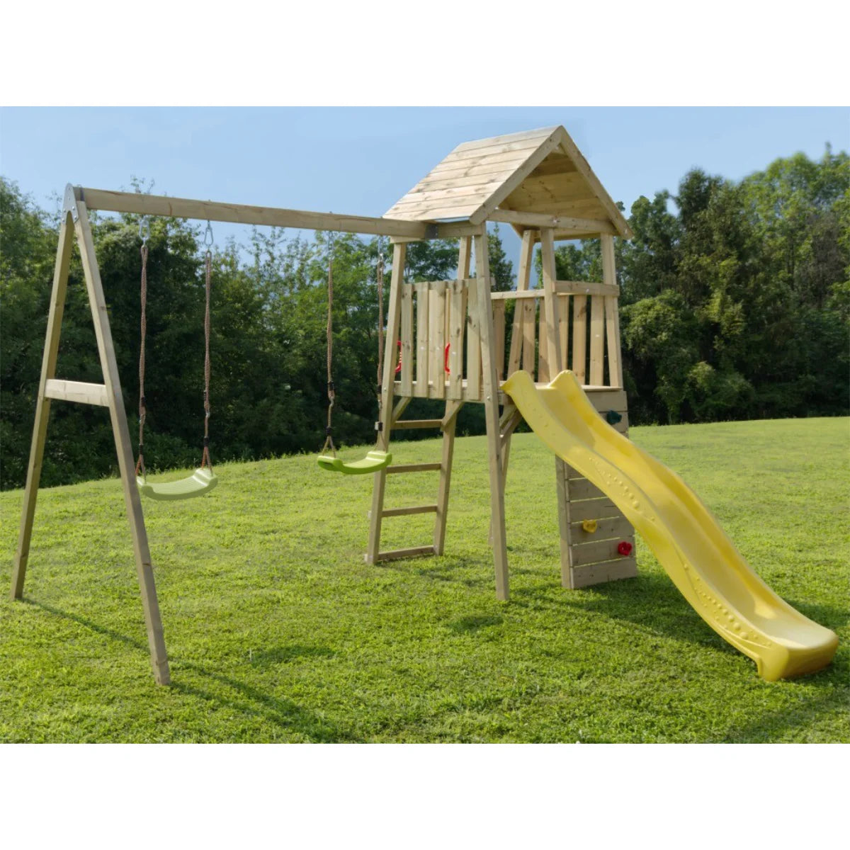 Losa Legnami Kicca 2 - Casetta da giardino per bambini torretta con altalena arrampicata e scivolo