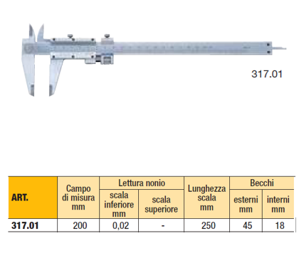 Ltf 317.01 Calibro analogico corsoio e dispositivo di regolazione micrometrica misura 200 mm.