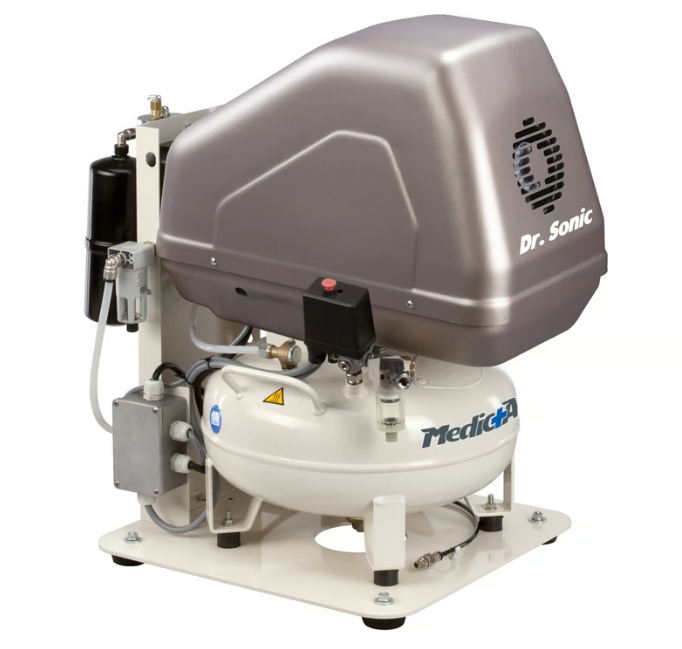 MedicAir Dr. Sonic 102-24V-FM-0,75M compressore senza olio con essiccatore per laboratori dentistici e odontotecnici , 24 litri 220V 8 Bar