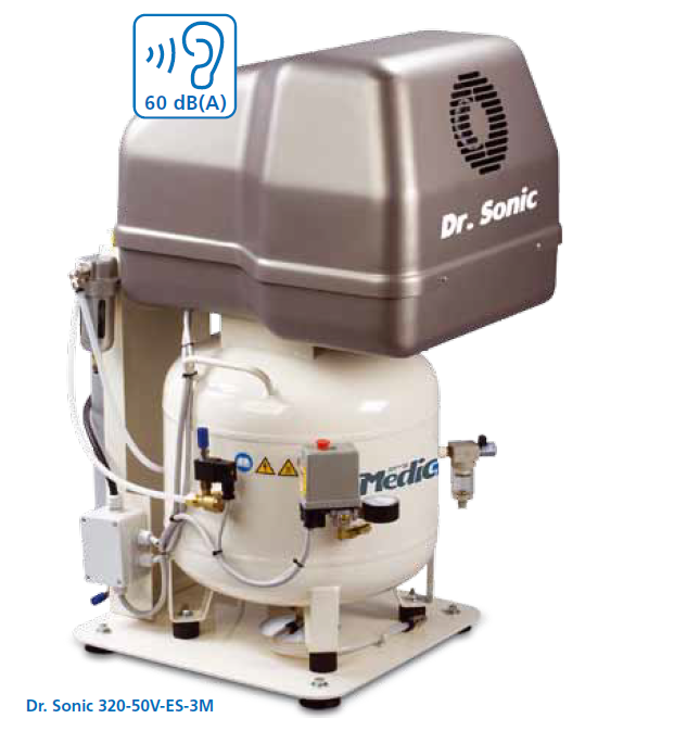 Medicair Dr.Sonic 320-50V-ES-3M compressore senza olio con essiccatore per laboratori dentistici e odontotecnici , 50 litri 220V 8 Bar