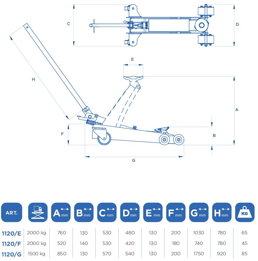 OMCN 1120/E- Cric sollevatore idraulico a carrello – Portata 2000 kg