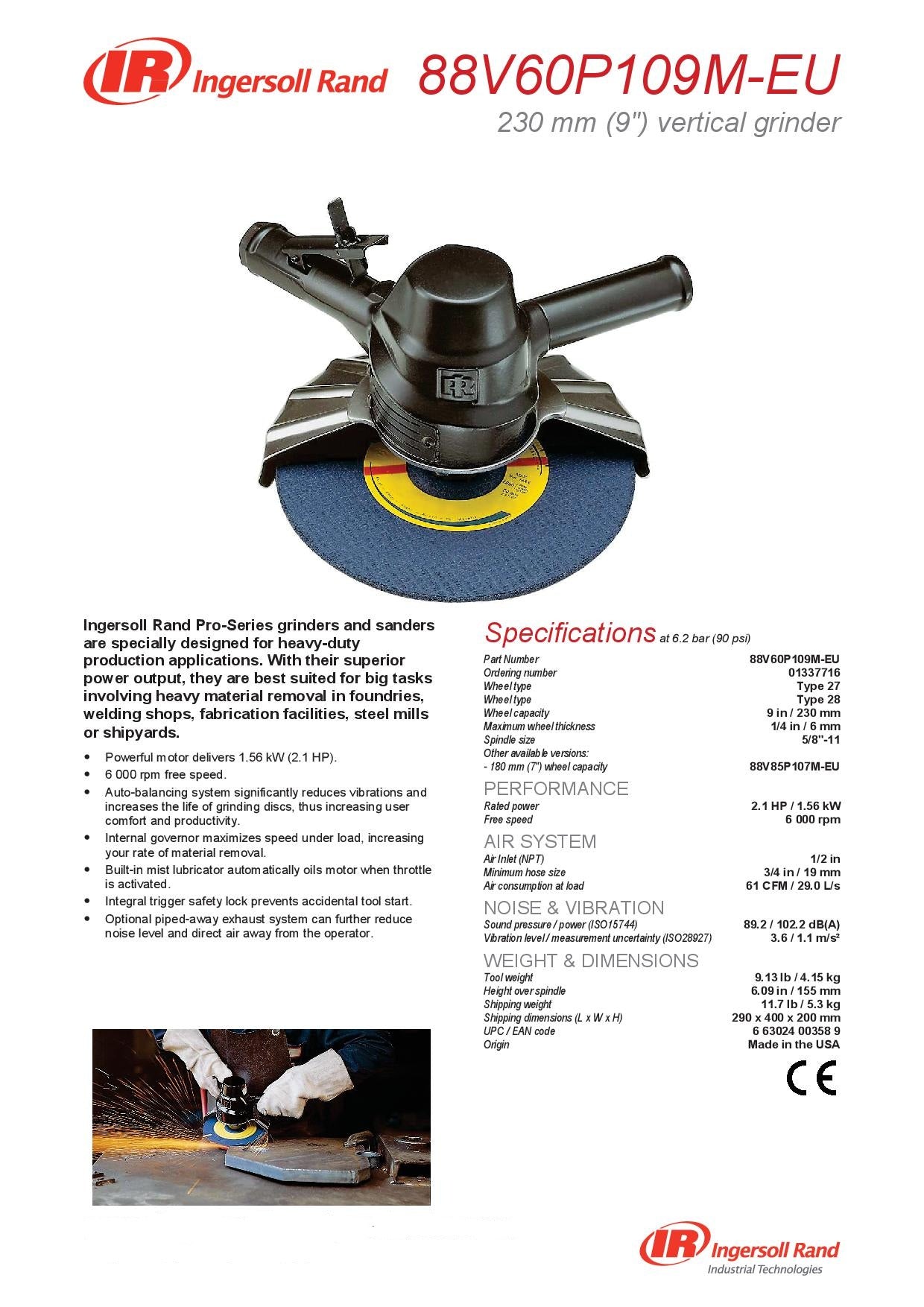 Ingersoll Rand 88V60P109M-EU Smerciatrice verticale 88 Pro Series ad aria attacco 1/2" - 1560W