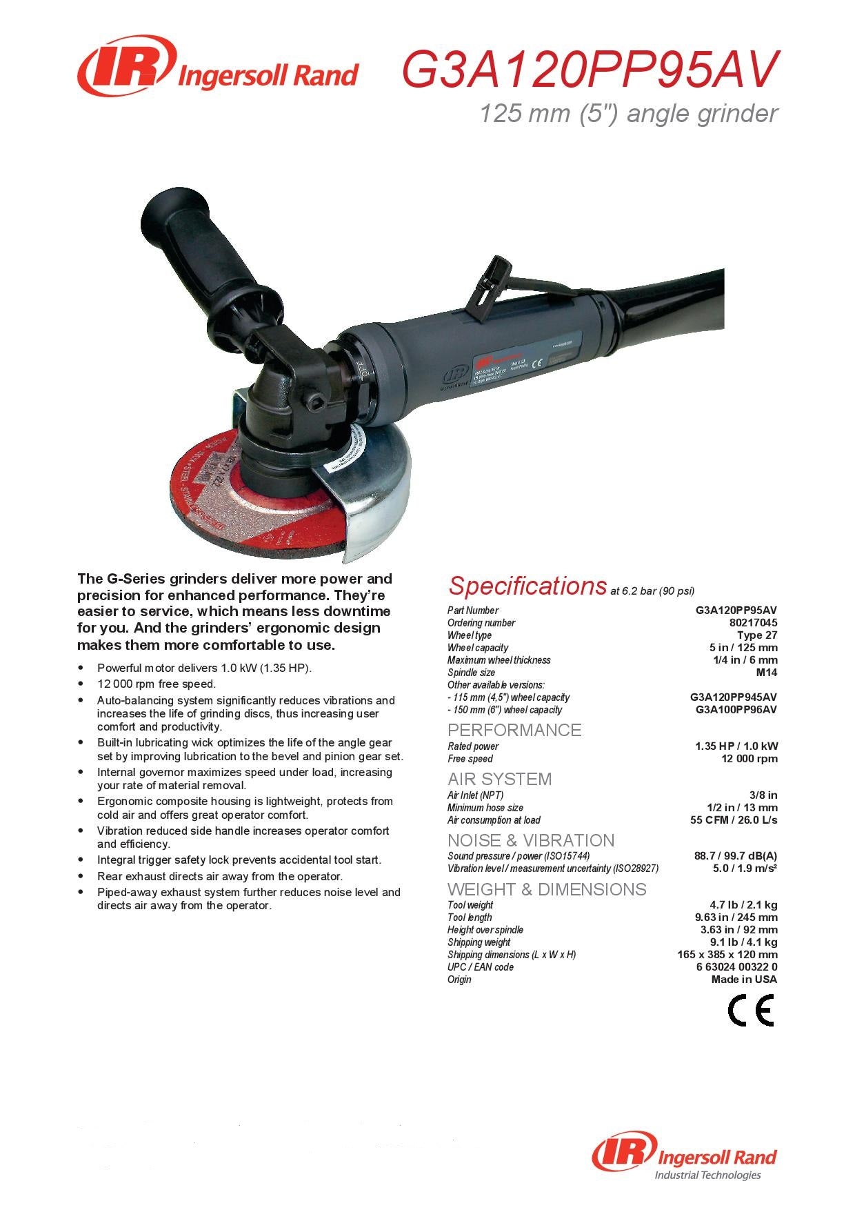 Ingersoll Rand G3A120PP95AV Smerigliatrice ad aria attacco 3/8" 125 mm 1000W - 12000 rpm