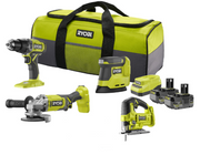 Rioby R18CK4R-240S kit trapano a percussione,smerigliatrice 125 mm,seghetto alternativo,levigatrice palmare