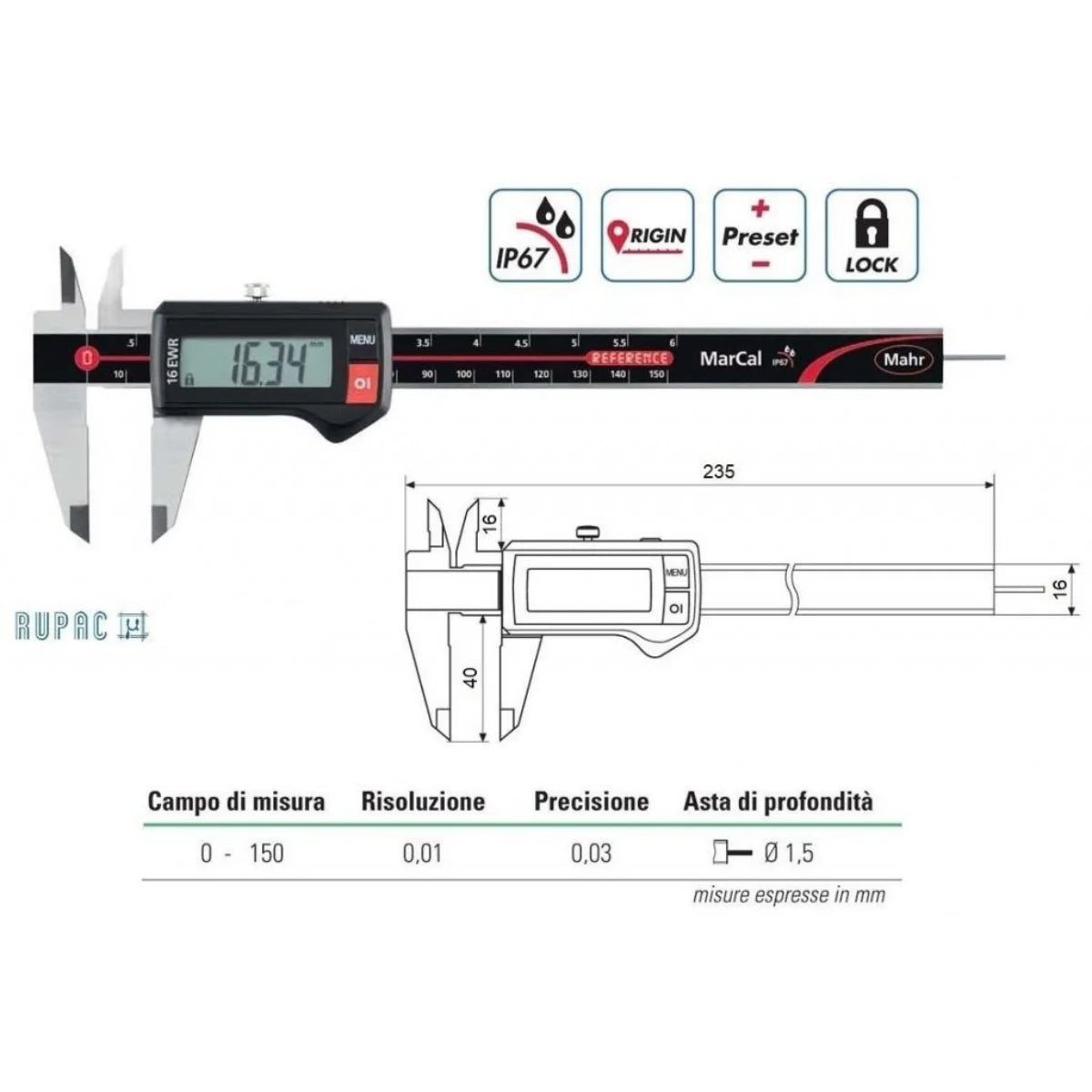 Rupac 4103300 MAHR IP67 Calibro Digitale 0-150mm Acciaio