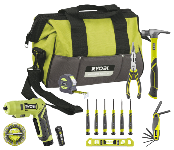 Ryobi R4SDHT12-120G Kit essenziale Fai-Da-Te 9 pezzi Avvitasvita 4V USB Litio + Utensili Manuali