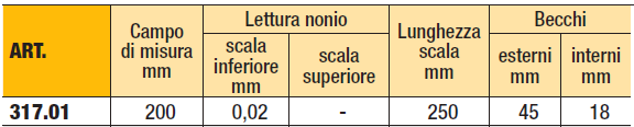 Ltf 317.01 Calibro analogico corsoio e dispositivo di regolazione micrometrica misura 200 mm.