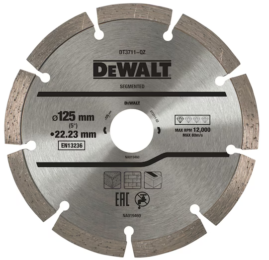 Dewalt DT3711-QZ Disco lama diamantata segmentata 125 mm , foro 22,2 mm , funzionamento a secco per smerigliatrice