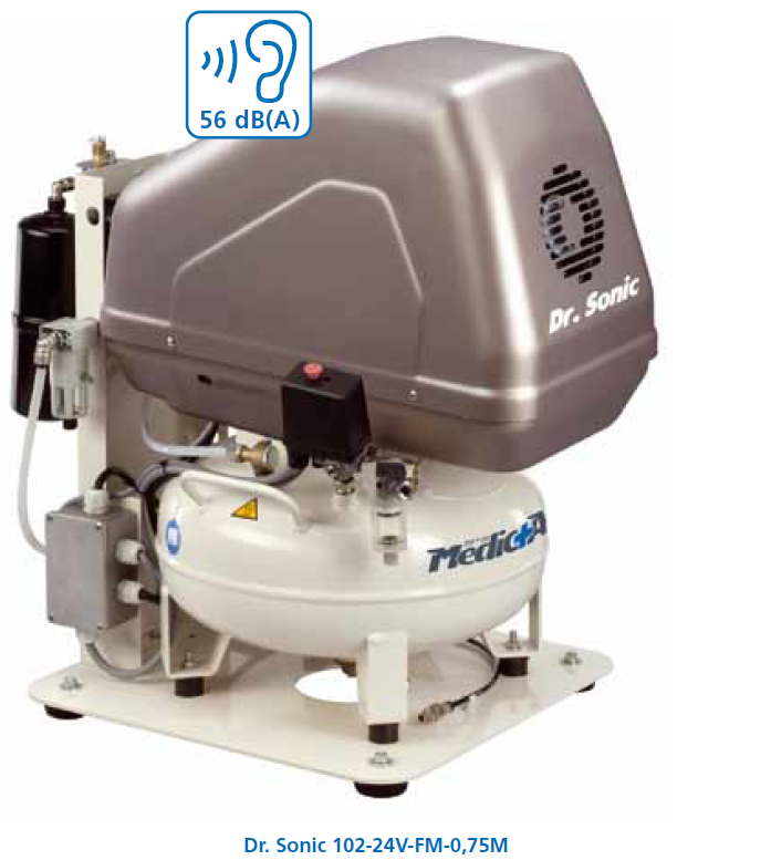 MedicAir Dr. Sonic 102-24V-FM-0,75M compressore senza olio con essiccatore per laboratori dentistici e odontotecnici , 24 litri 220V 8 Bar
