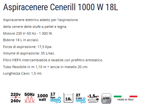 Aspiracenere Ribimex CENERILL - 1000 watt - 18 litri Made in Italy