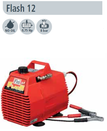 Fini Flash 12 Compressore 12 volt per collegamento a batteria automobile , senza olio , 8 Bar , 0,75 Hp