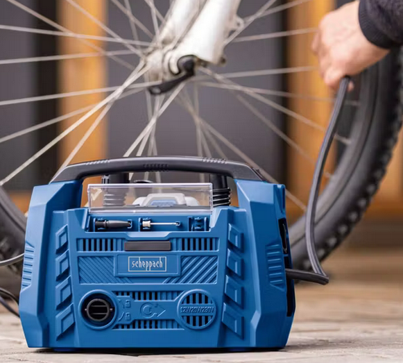 Scheppach air force 6 Compressore compatto mobile 10.3 bar , Funziona a 220V oppure Batteria o presa Auto 12V , con faro Led , solo corpo