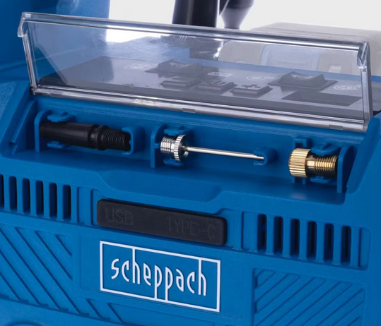 Scheppach air force 6 Compressore compatto mobile 10.3 bar , Funziona a 220V oppure Batteria o presa Auto 12V , con faro Led , solo corpo