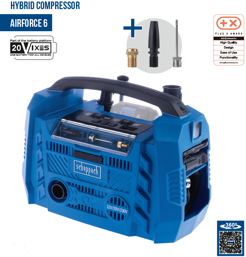 Scheppach air force 6 Compressore compatto mobile 10.3 bar , Funziona a 220V oppure Batteria o presa Auto 12V , con faro Led , solo corpo