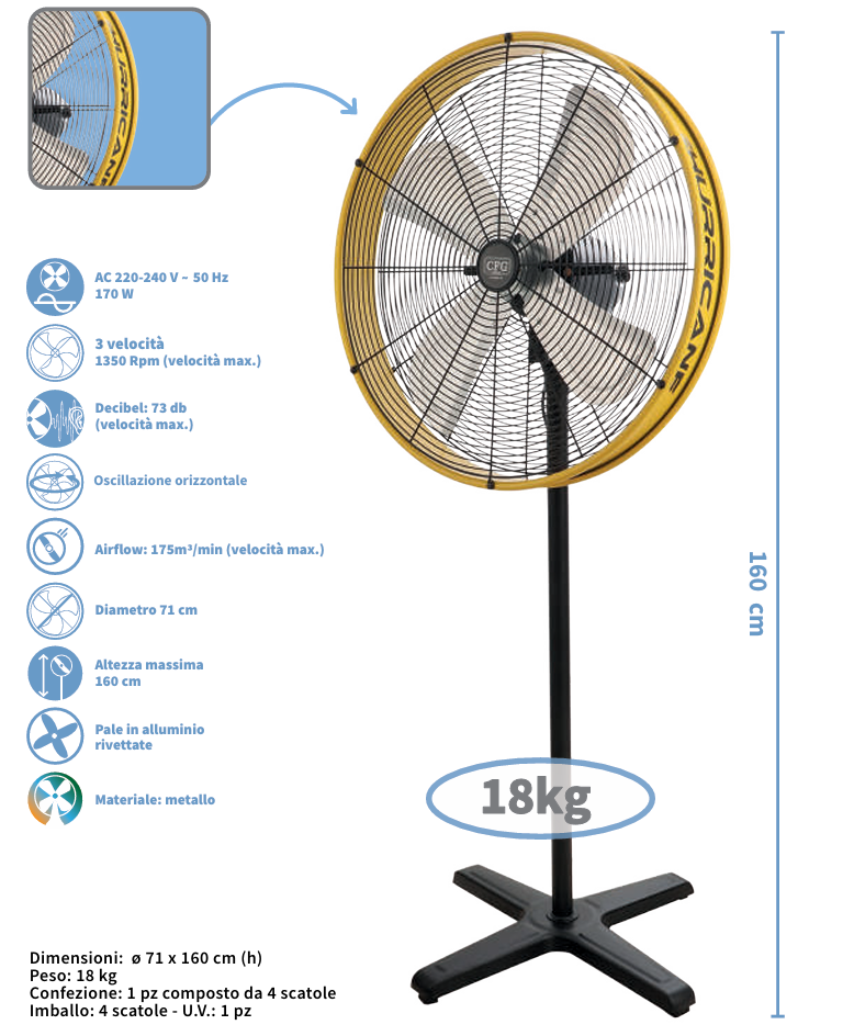 Cfg EV065 HURRICANE Ventilatore piantana in metallo ø 65/71 cm , 220V - 170W n.3 velocità , altezza fino a 160 cm
