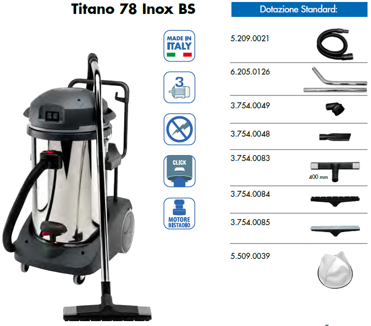 Fasa Titano 78 Inox BS - Aspiratore professionale - 3 motori silenziati - 78 litri