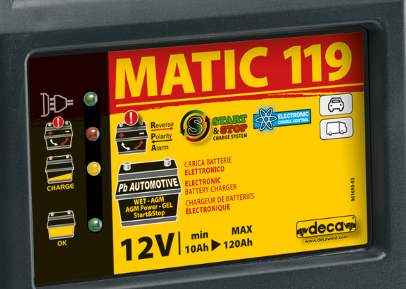 Deca MATIC 119 - Caricabatterie elettronico 12V con capacità da 10 a 120 Ah