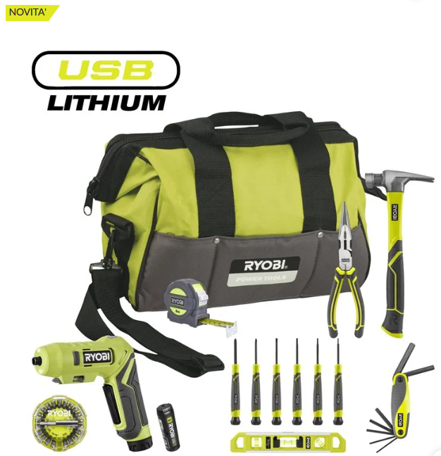 Ryobi R4SDHT12-120G Kit essenziale Fai-Da-Te 9 pezzi Avvitasvita 4V USB Litio + Utensili Manuali
