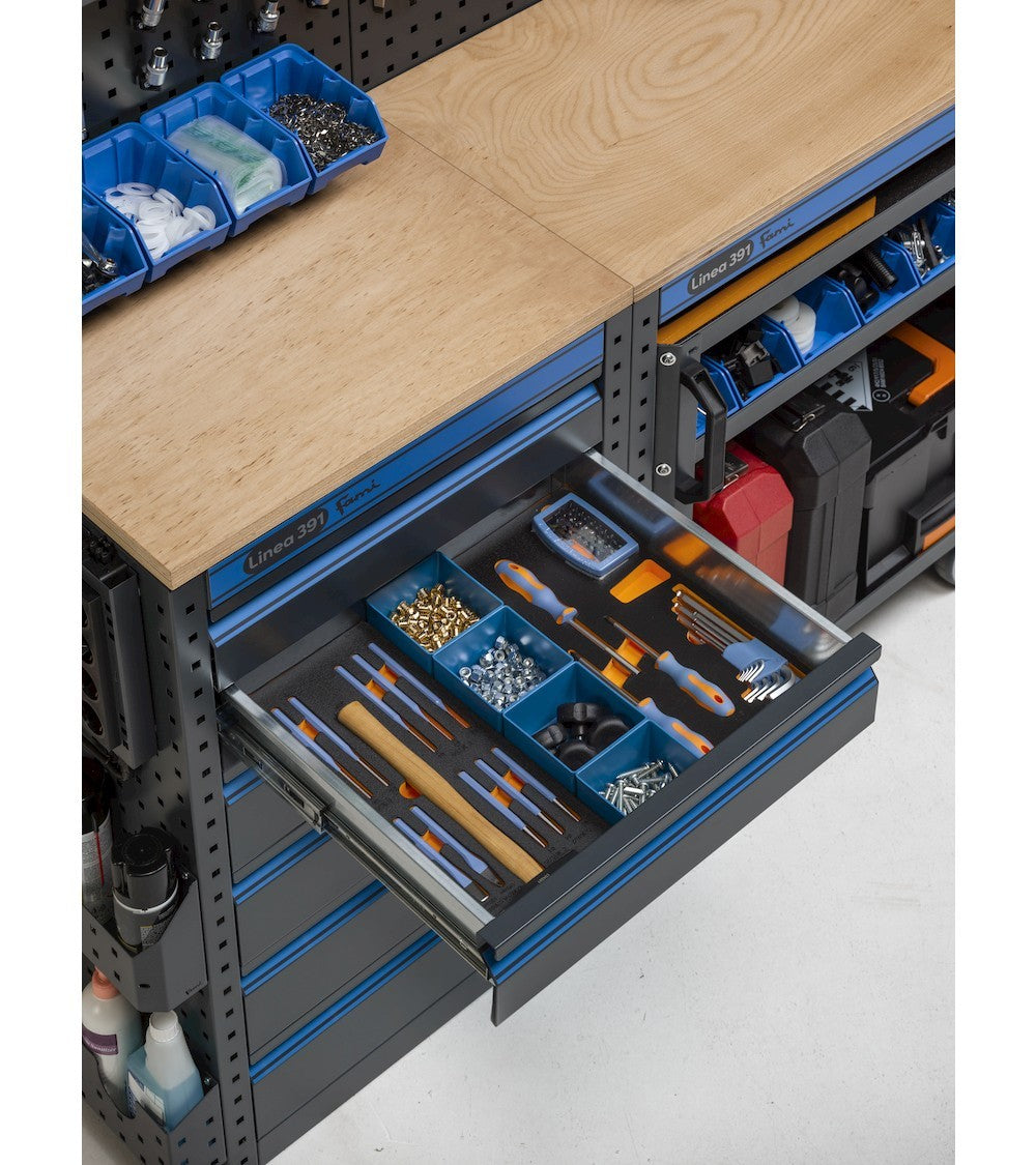 Fami 391G14 - Arredo officina con armadi a un anta, modulo di servizio, cassettiera, carrello e contenitori