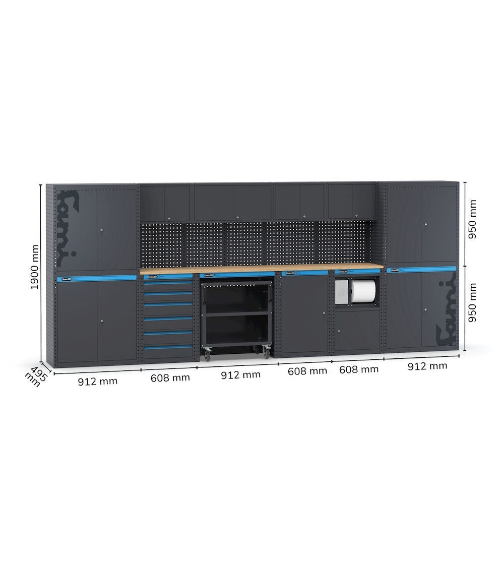 Fami 391G13 - Arredo officina con armadi ad anta, cassettiera, carrello e modulo di servizio, L4560 x P495 x H1900 mm