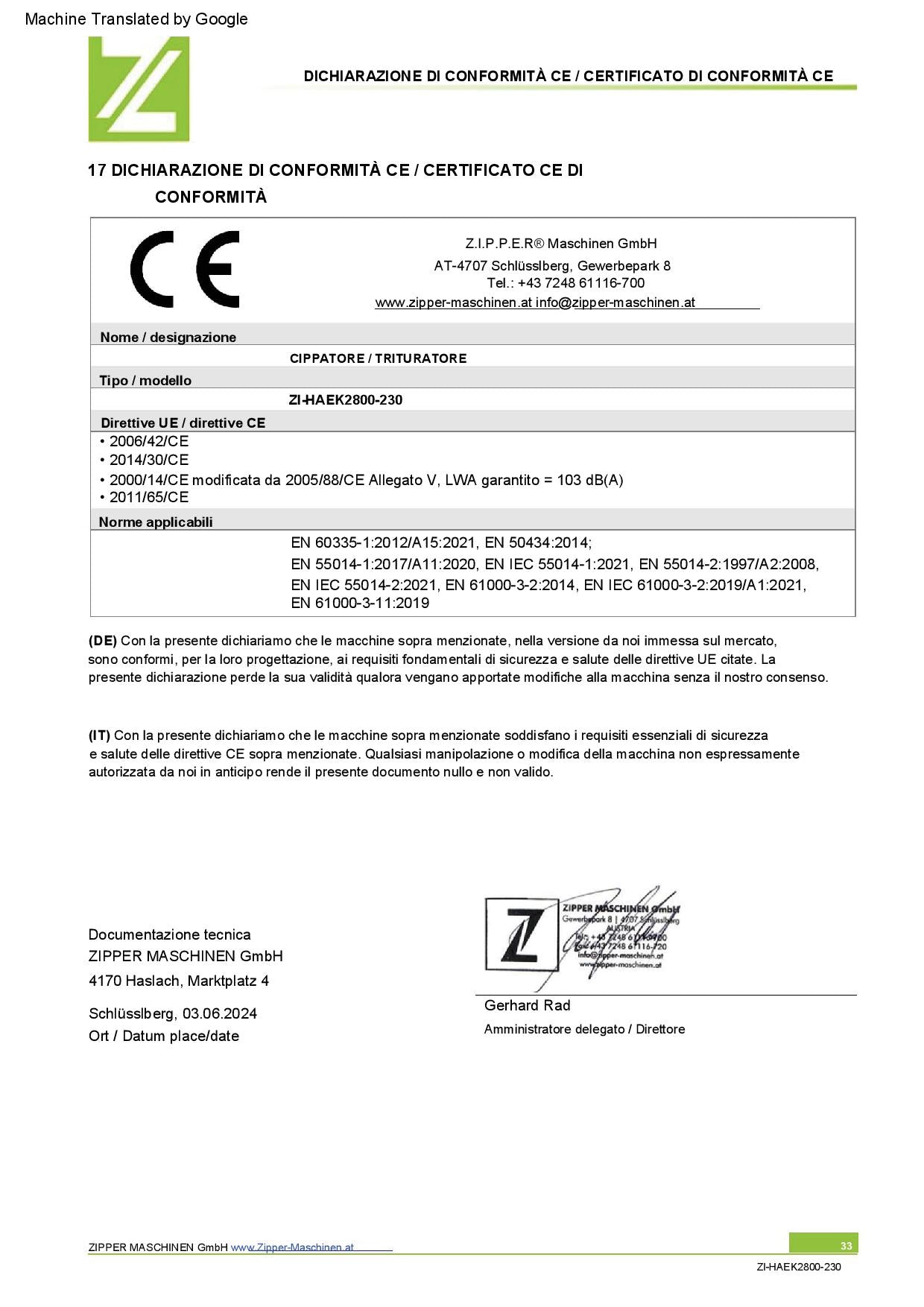 Zipper ZI-HAEK2800-230 biotrituratore elettrico 220V 2800w , per rami max Ø50 mm