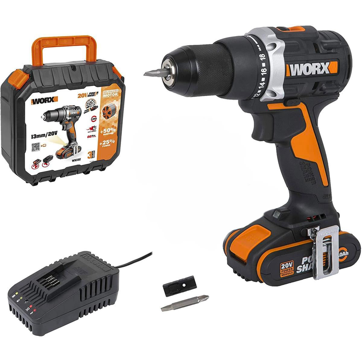 Worx WX102 - Trapano avvitatore brushless a batteria 20V - 1 x 2Ah in valigetta