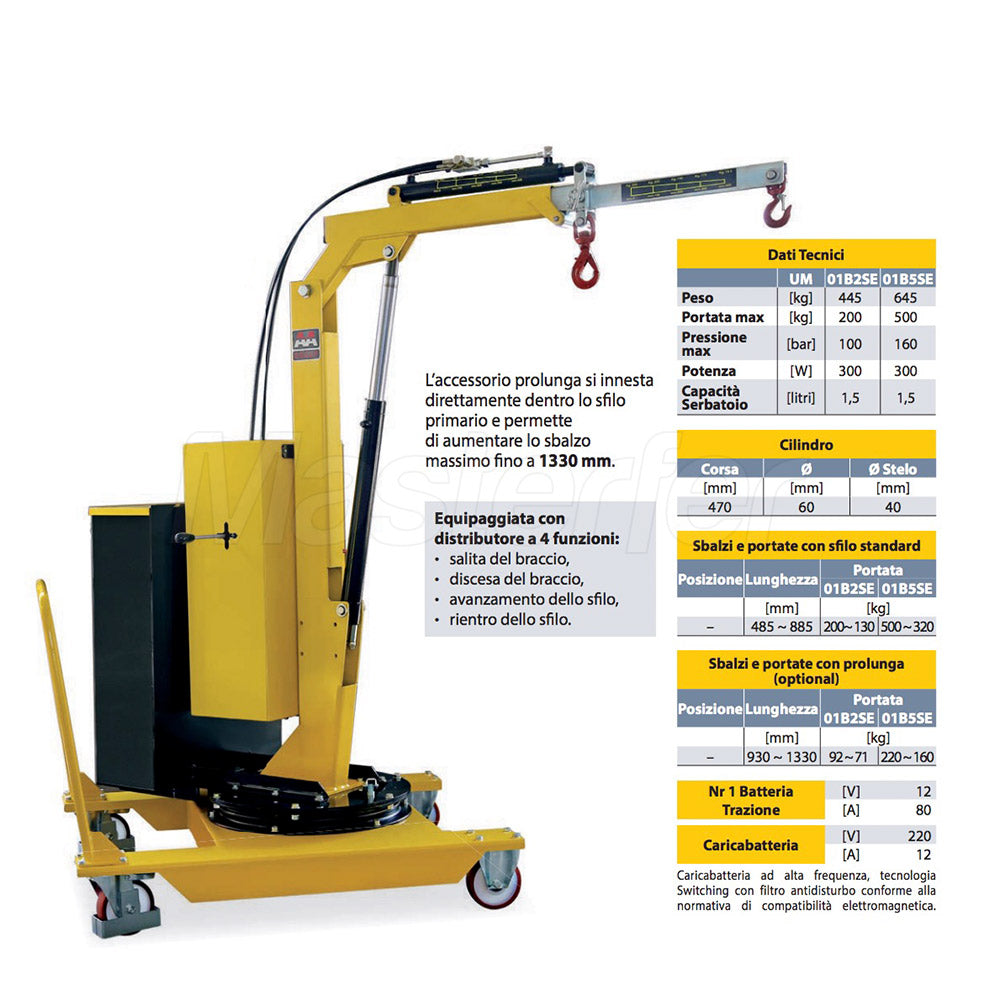 AxA 01B2SE - Gru gruetta idraulica girevole a batteria con avanzamento e rientro elettrico, 500kg