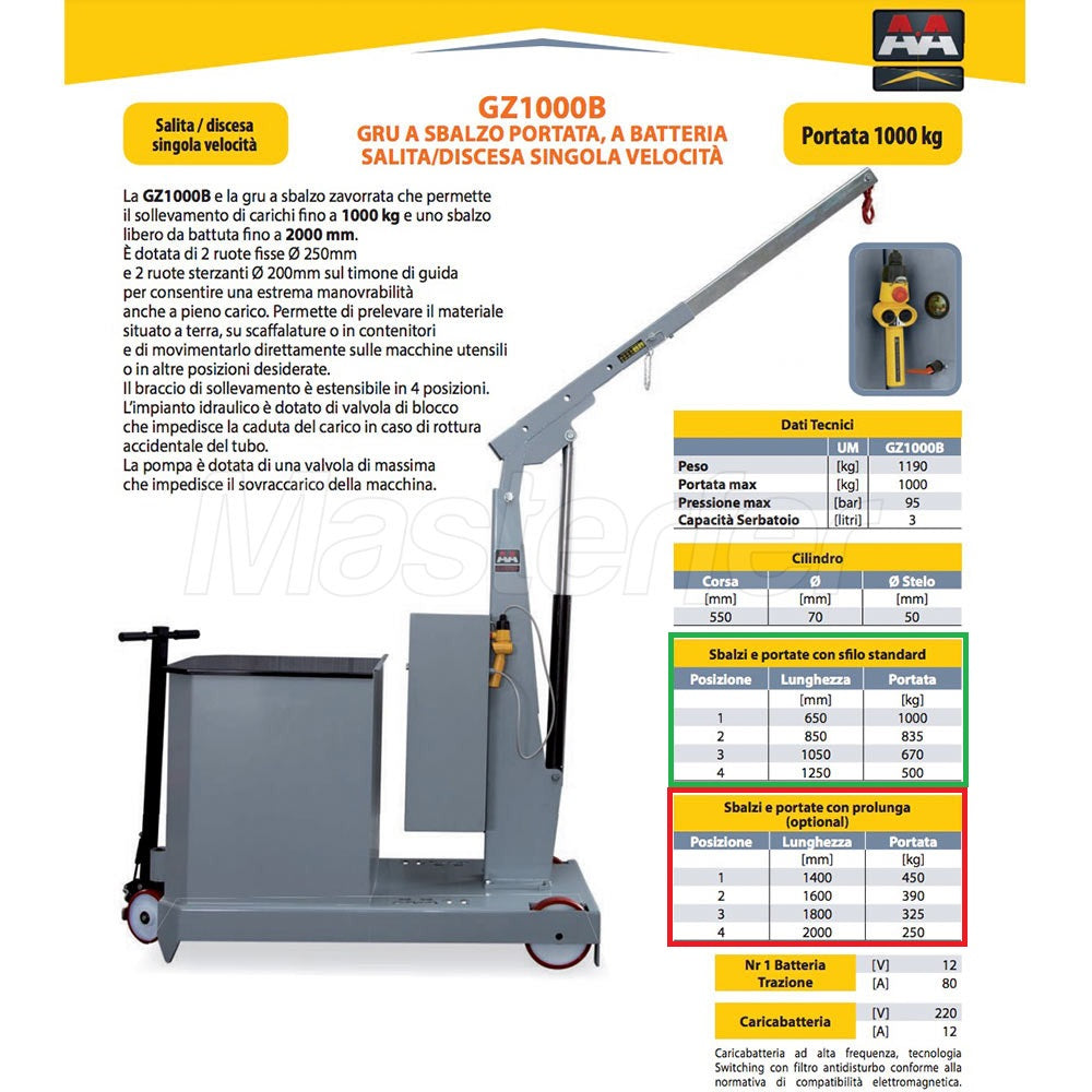 AxA GZ1000B - Gru gruetta idraulica a batteria, salita/discesa a singola velocità