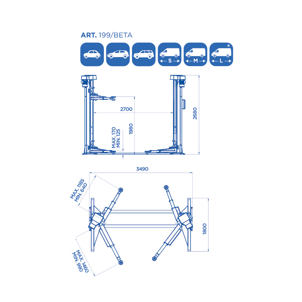 OMCN 199/BETA - Ponte sollevatore auto per officina, elettromeccanico a due colonne, 4 ton
