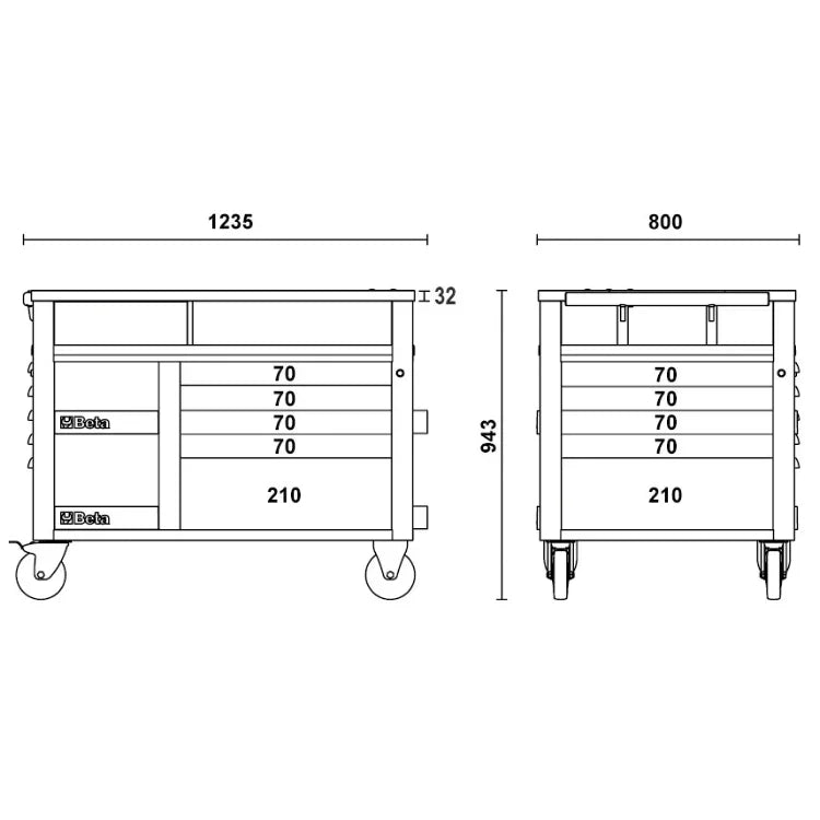 Beta RSC28 - Carrello SuperTank con piano di lavoro in legno e 10 cassetti