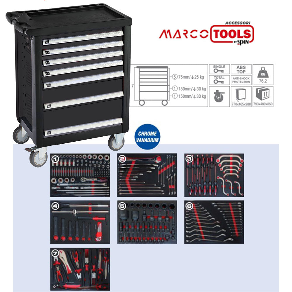 Marco Tools 05.088.155 - Carrello 7 cassetti con 232 utensili su supporto morbido in EVA