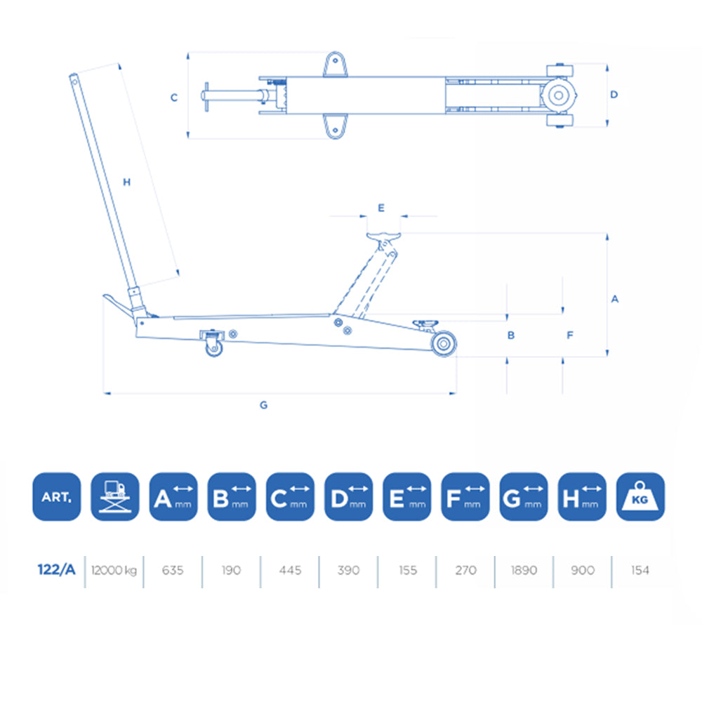 Sollevatore idraulico / cric a carrello OMCN 122/A - 12T - 12 Tonnellate